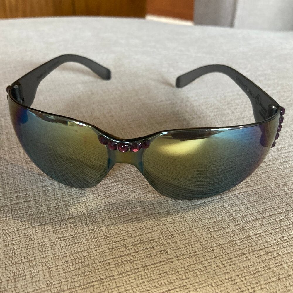 Purple Swarovski Crystals on Gold and Blue Mirror Sunglasses - Unique - unisex